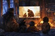 A Neanderthal family gathered around a flat screen TV, watching a documentary about the Ice Age, deeply engrossed.