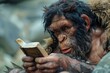 Neanderthal using a language learning app to teach themselves English, repeating phrases with determination.