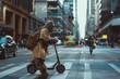 A Neanderthal using an electric scooter to navigate a bustling city street, the wind in their hair.