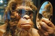 A Neanderthal trying on sunglasses at an accessory store, checking the mirror.