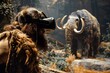 A Neanderthal in a virtual reality headset, experiencing a simulation of hunting mammoths, completely immersed.