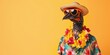Vulture wearing sunglasses, hat, and hawaiian shirt and lei on summer vacation - isolated on colorful background for seasonal image