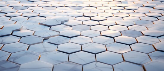 Poster - Hexagonal tiles in a close-up shot showing a intricately patterned tiled floor, creating a visually captivating design