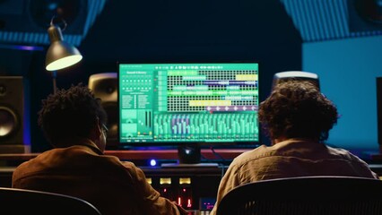 Fototapete - Diverse team of artist and sound designer working on editing tunes for a new hit, operating mixing console with moving faders and colored meters. Musician and producer making tracks. Camera A.