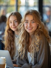 Wall Mural - two young Caucasian women smile while sitting together in front of their laptops, working as a happy and cohesive team, exemplifying the power of collaboration and shared goals.