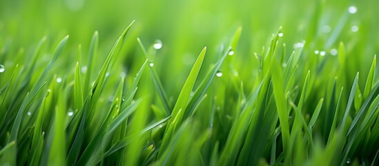 Poster - A detailed view of water droplets resting on the blades of lush green grass in a vast field