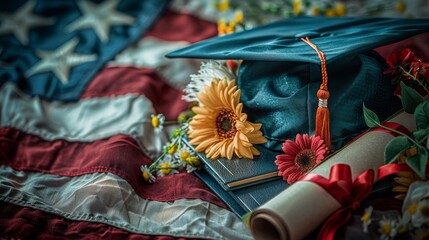 Wall Mural - A black graduation cap and diploma with  flowers against an American flag backdrop. Graduation concept