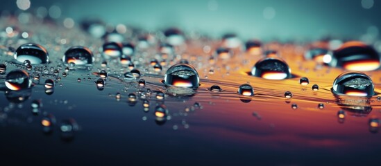 Poster - Glistening water droplets are clustered on a smooth surface against a vibrant blue backdrop