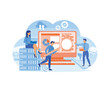 Web hosting or cloud computing poster with system admins. People maintain data technology software. Database storage service concept. flat vector modern illustration