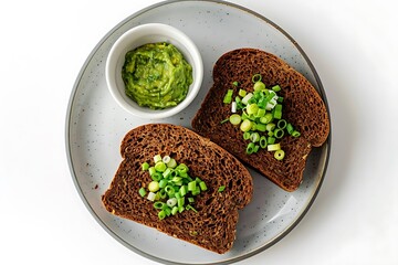 Wall Mural - Avocado toast with whole wheat bread, avocado and fresh green onion on white plate, top view. Healthy diet. Generative AI