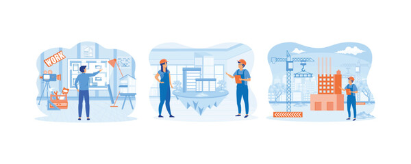 Wall Mural - Man architect drawing house project floor plan at draftsman studio. Creative people building city of dream. Man with Project in Helmet and Suit. Set flat vector modern illustration