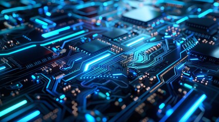Poster - Futuristic Circuit Board with Glowing Blue Lights - A macro view of an electronic circuit board with vivid blue neon lights.
