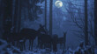 Amidst a forest filled with soft moonlight a group of deer graze peacefully undisturbed by the tranquility of their surroundings. . .