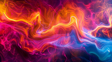 Wall Mural - Vivid neon abstract waves in hot pink, orange, and blue hues on a dark background.