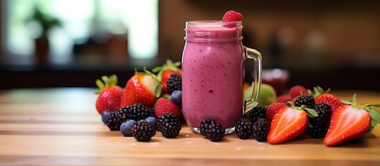 Canvas Print - On the wooden table, a refreshing mixed fruit smoothie is garnished with assorted berries and vibrant strawberries