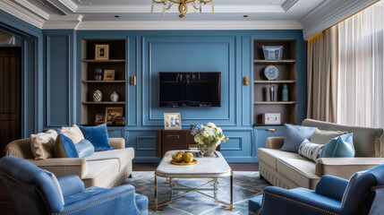 Living room interior in classic Mediterranean style with a beige sofa and two blue armchairs and blue walls, a TV unit and interior decor