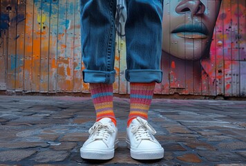 A closeup of colorful socks worn with white sneakers. standing on the street. The background is blurred and has a modern urban style.