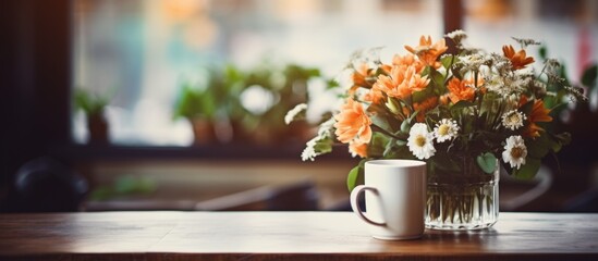 Canvas Print - Colorful flowers arranged in a vase are placed next to a cup on a wooden table