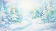 Watercolor painting of a snowy forest with a river running through it. The trees are covered in snow and the sky is a mix of colors. The mood of the painting is peaceful and serene