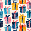 Watercolor painting seamless pattern of many boxes with bows on them. The painting conveys a sense of joy and celebration.