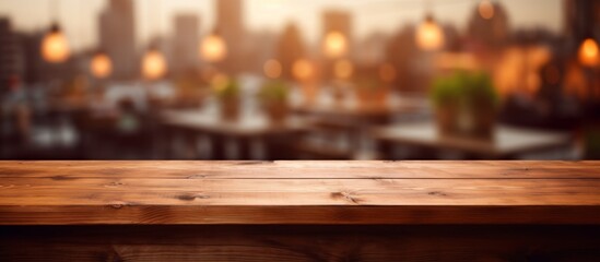 Poster - Rustic wooden table top with a soft focus of a bustling cityscape in the background, creating a contrast between urban and natural elements