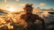 An adventurous swimmer conquering turbulent waves in the open ocean during the golden hour, 