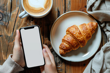 Wall Mural - hand woman playing smart phone with Blank advertising mockup screen. a bakery on background. generative AI.