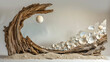 An abstract sculpture crafted from driftwood and seashells depicting the moon and its rays casting a luminescent glow on the smooth . .