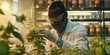 Focused African American botanist researching sustainable growth in a plant-filled space.