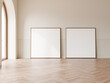 Two square frame mockup hanging on white wall minimal decoration room, Wood floor, Arch door, 3d illustration.