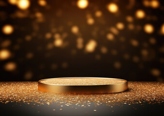 Wall Mural - Title: Gold black podium product stage with spotlight and golden glitter background. Gold lights rays scene background. Gold bokeh awards glamour background.

