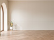 Interior white minimal decoration room with rubber tree plant, Arch door, White wall, Wood herringbone floor, 3d illustration.