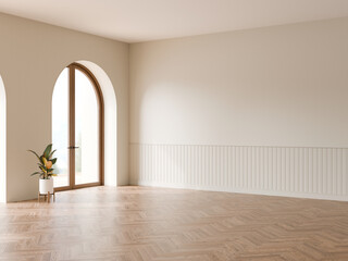 White interior room with arch wooden door, Rubber tree plant, White wall, Wood herringbone floor, 3d illustration.