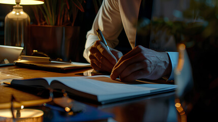 Wall Mural - A man is writing on a piece of paper with a pen. He is dressed in a suit and tie, and the image conveys a sense of professionalism and formality