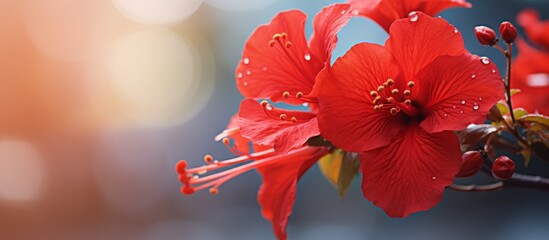 Wall Mural - A vibrant red flower covered in rain droplets hanging delicately on a tree branch