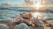 Seashells and starfish on the sandy beach at sunset