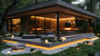 Contemporary Square Patio With Buried Design, Lawn Borders, Glass Fireplace, Neon Lights, And White Stone Base