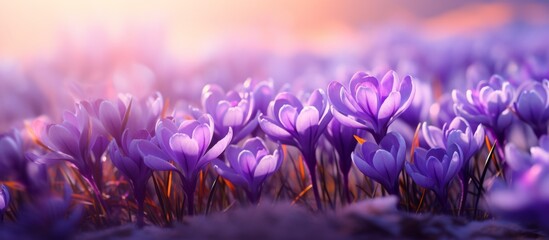 Poster - Beautiful purple crocuses blooming under the warm sunlight in a garden