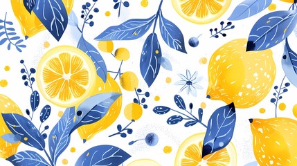 Digital yellow and blue lemon pattern illustration poster web page PPT background