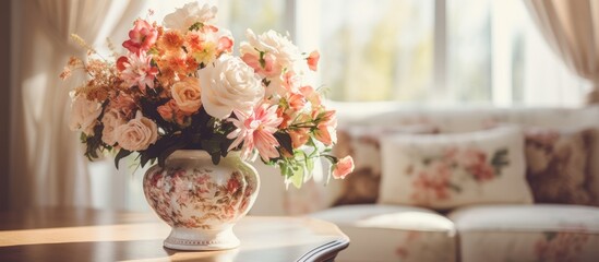 Wall Mural - The table in front of the couch holds a beautifully arranged vase filled with colorful flowers