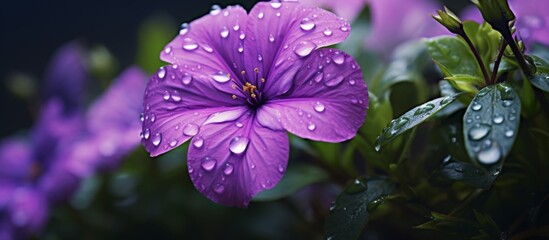 Poster - Vibrant violet flowers covered in glistening water droplets, blooming in a lush garden setting