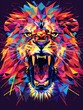 High tone vibrant color, polygon style roaring lion head, front view, intense and powerful