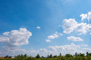 Wall Mural - panoramic view of clear blue sky and clouds, blue sky background with tiny clouds. white fluffy clou