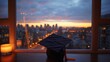 A graduation cap rests on a windowsill, the glowing city skyline at twilight in the background, symbolizing achievement and future opportunities.