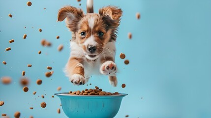 Wall Mural - Cute dog catching jumping dog food from bowl, biscuits flying high on isolated blue background with copy space. Pet food store packaging, happy healthy life, funny animal portrait 3d digital artwork.