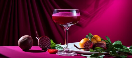 Sticker - A vibrant purple background sets the stage for a delicious plate of assorted fruits and a tempting glass of red wine