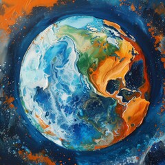 Wall Mural - A painting of the Earth with a blue and orange swirl