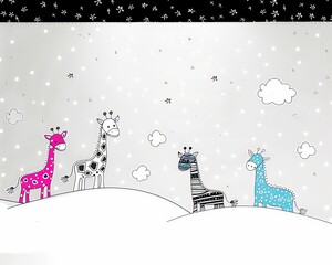 Wall Mural - A group of giraffes are standing in a field with clouds in the sky