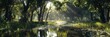 Sunlit woodland glade with reflective pond - A golden sunlit glade in a woodland paradise, with a reflective pond embellished by water lilies and surrounded by flourishing greenery