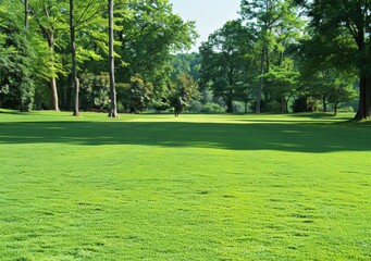 Wall Mural - A lush green field with a golf course in the background